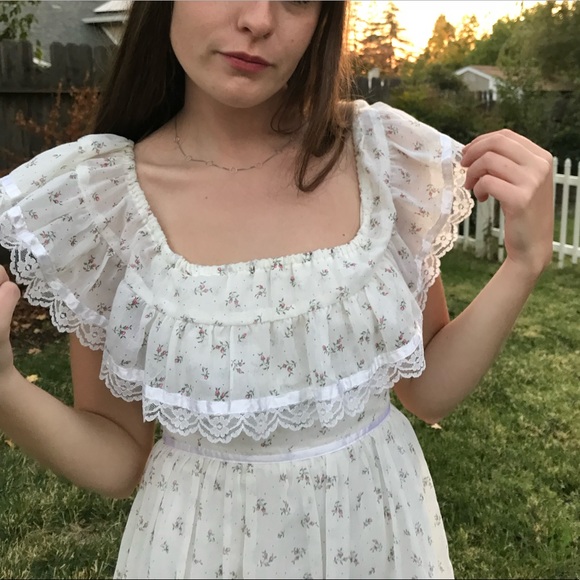 Gunne sax full length 70s dress with off the shoulder floral print Vintage - Picture 6 of 6